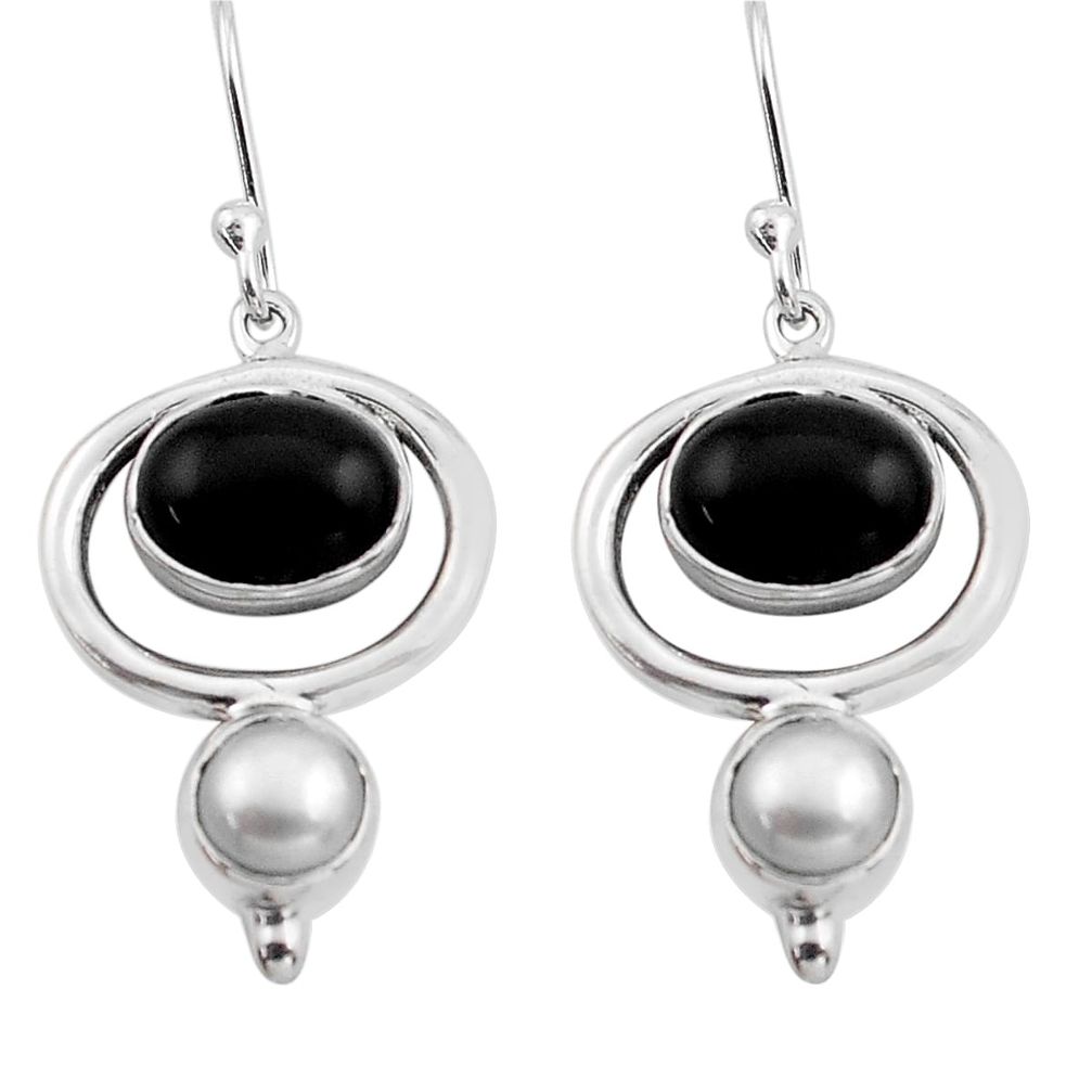 9.07cts natural black onyx pearl 925 sterling silver dangle earrings p88466
