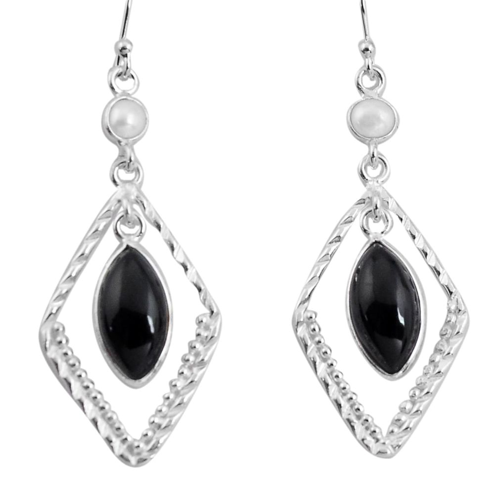 11.73cts natural black onyx pearl 925 sterling silver dangle earrings p89941