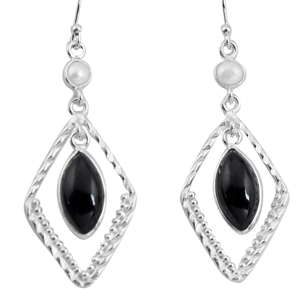 11.73cts natural black onyx pearl 925 sterling silver dangle earrings p89943