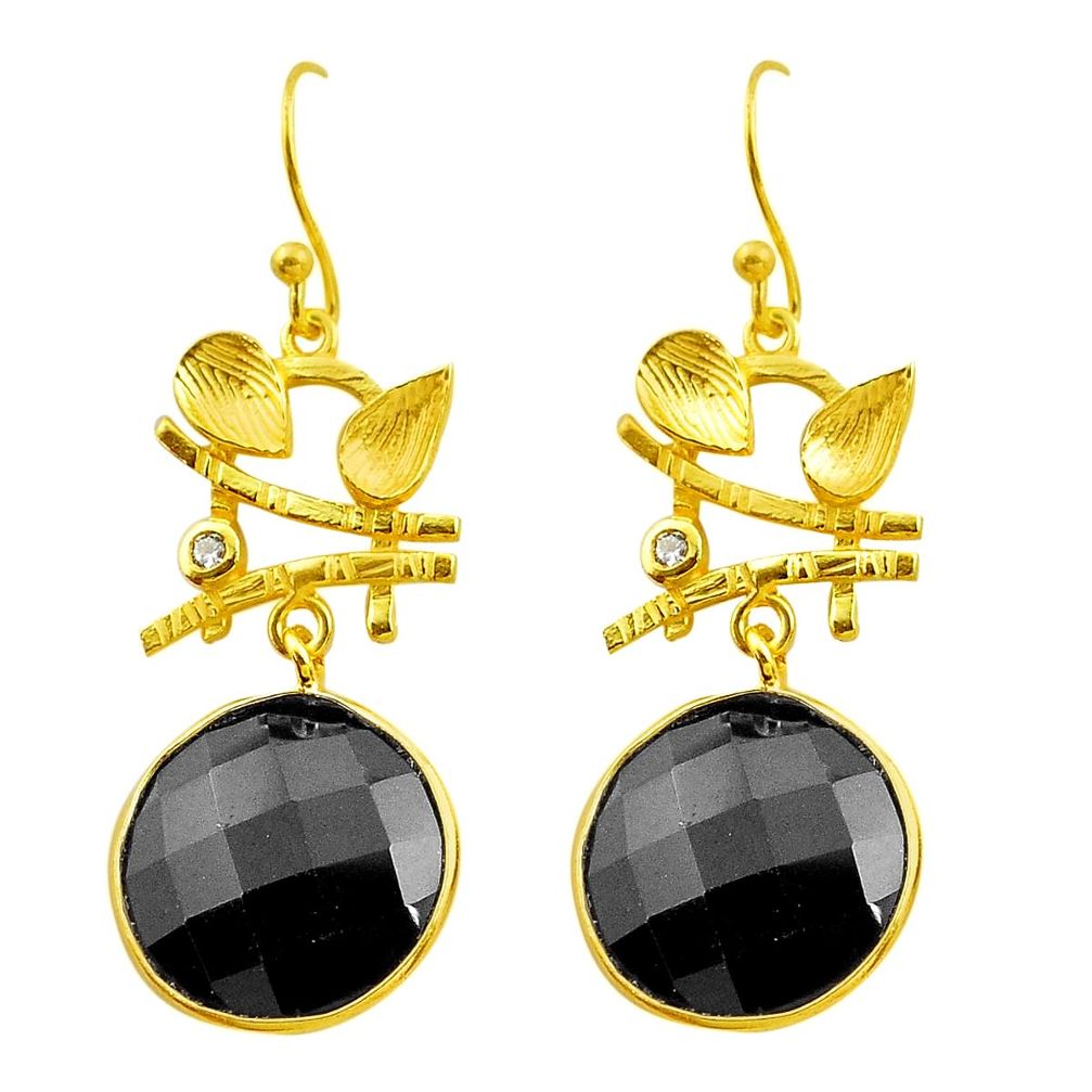 19.68cts natural black onyx topaz 925 silver 14k gold dangle earrings p75333