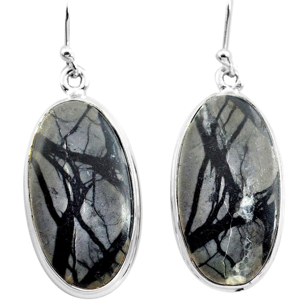 26.14cts natural black picasso jasper 925 sterling silver dangle earrings p72785