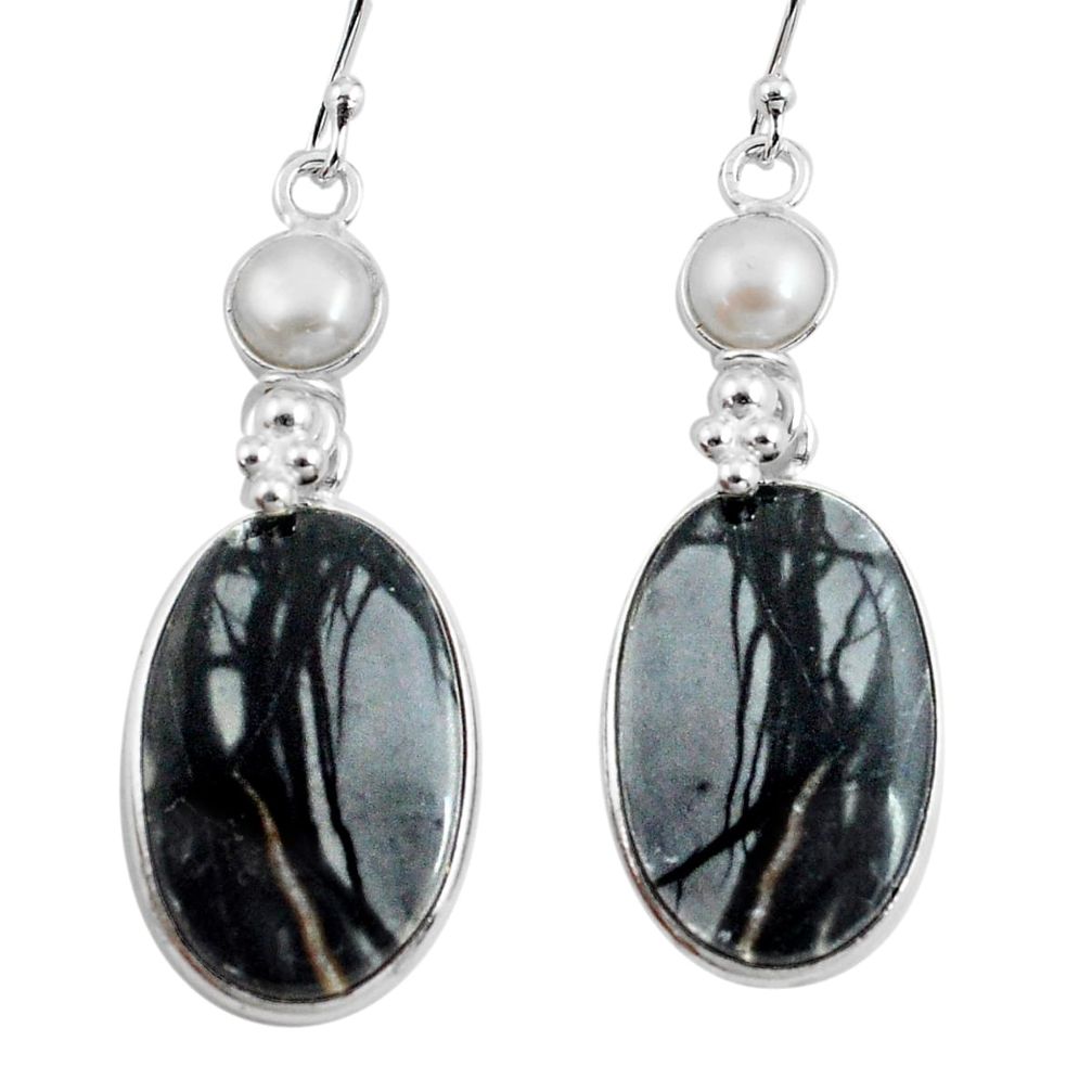22.14cts natural black picasso jasper pearl 925 silver dangle earrings p78662