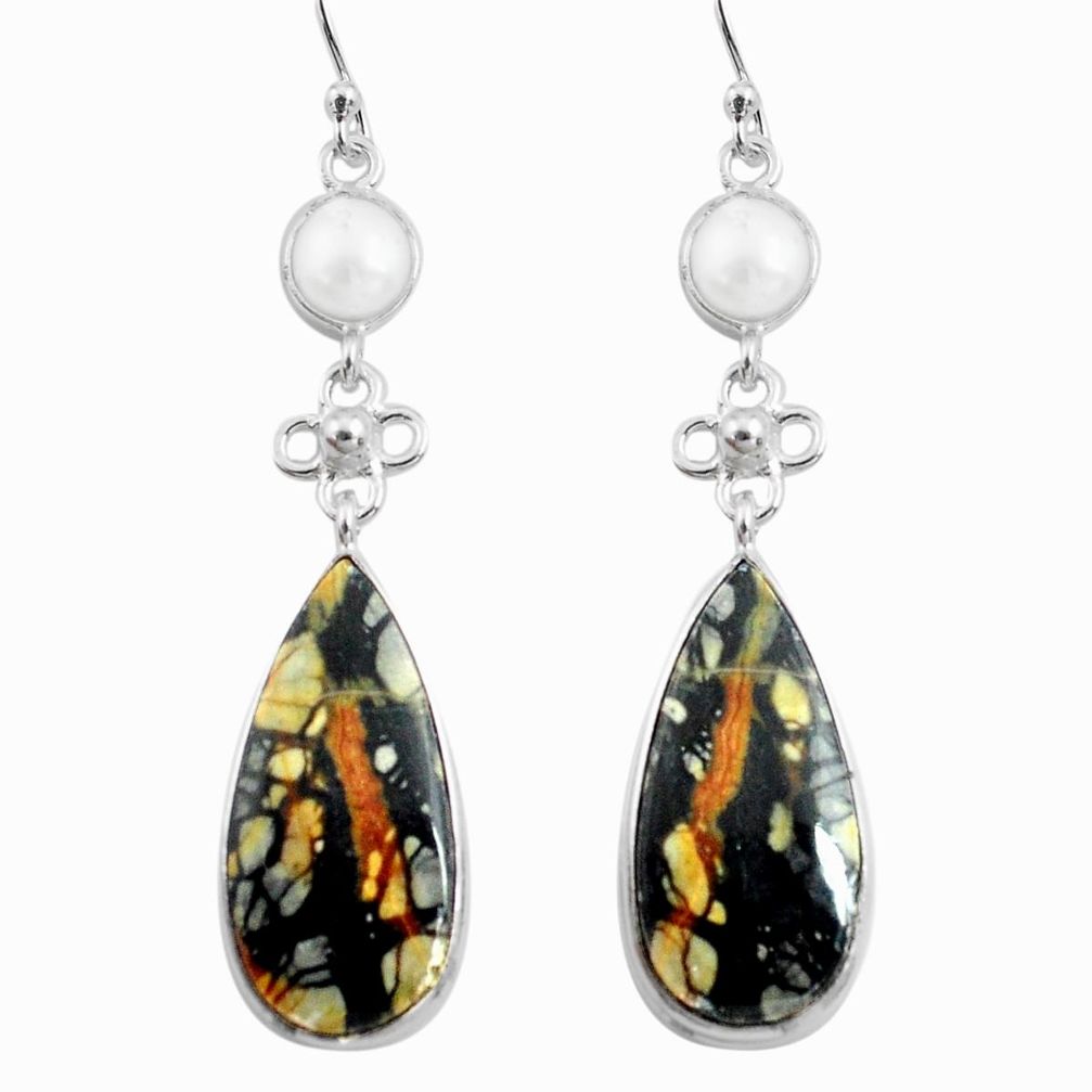 19.76cts natural black picasso jasper pearl 925 silver dangle earrings p78665