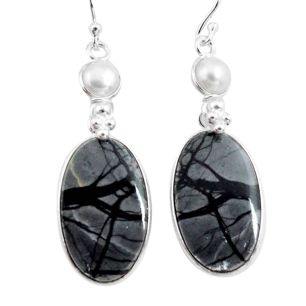 22.81cts natural black picasso jasper pearl 925 silver dangle earrings p78666