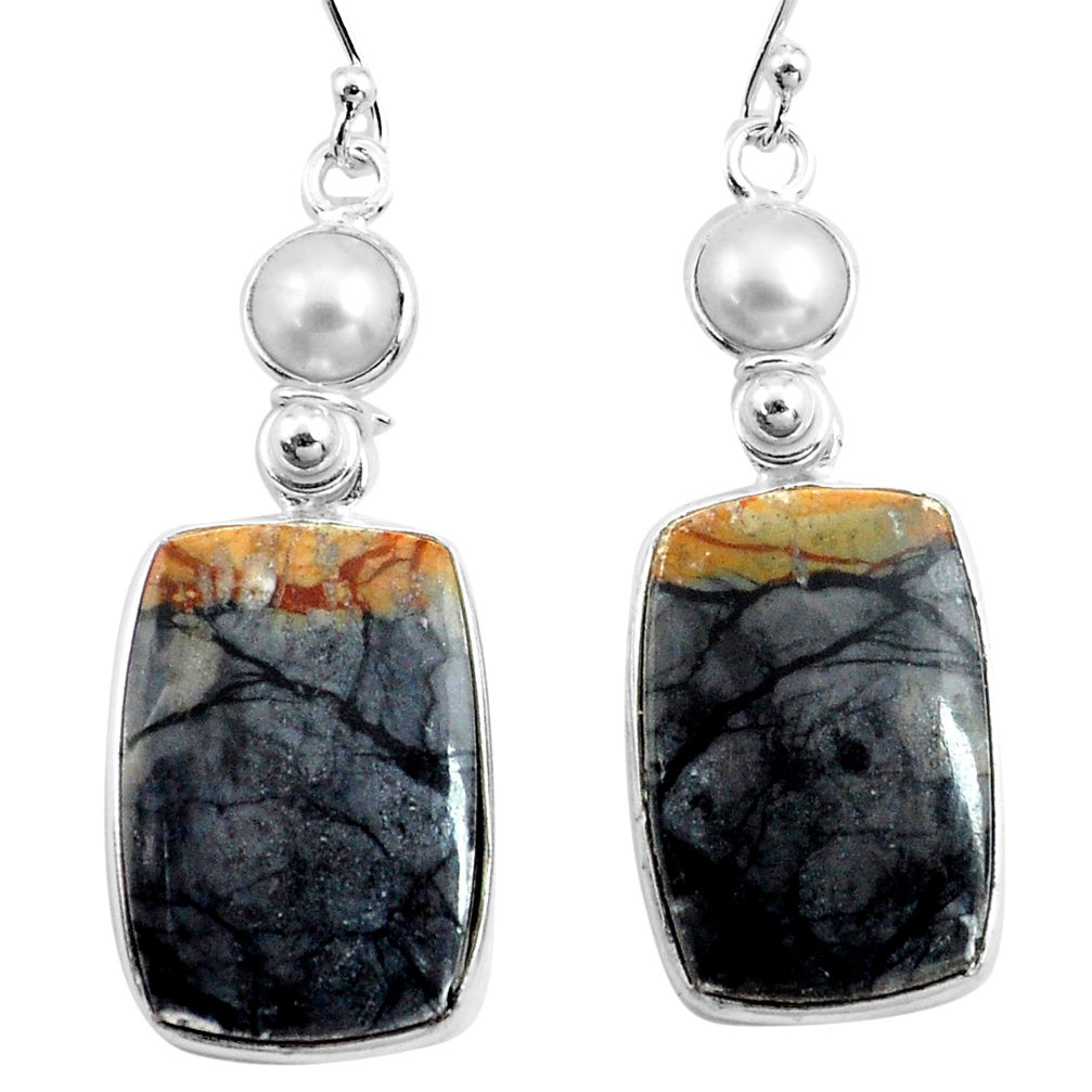 23.45cts natural black picasso jasper pearl 925 silver dangle earrings p78668