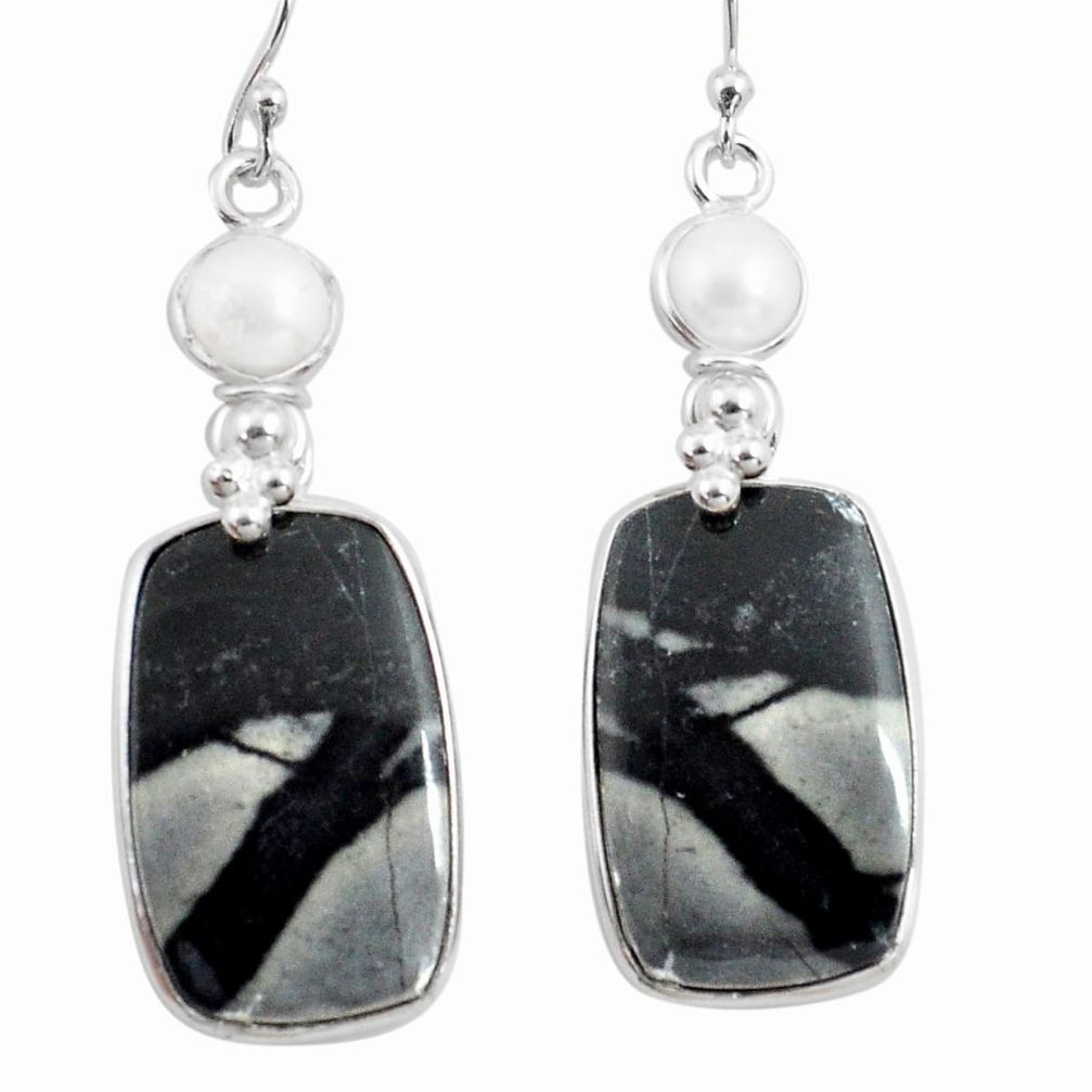23.45cts natural black picasso jasper pearl 925 silver dangle earrings p78670