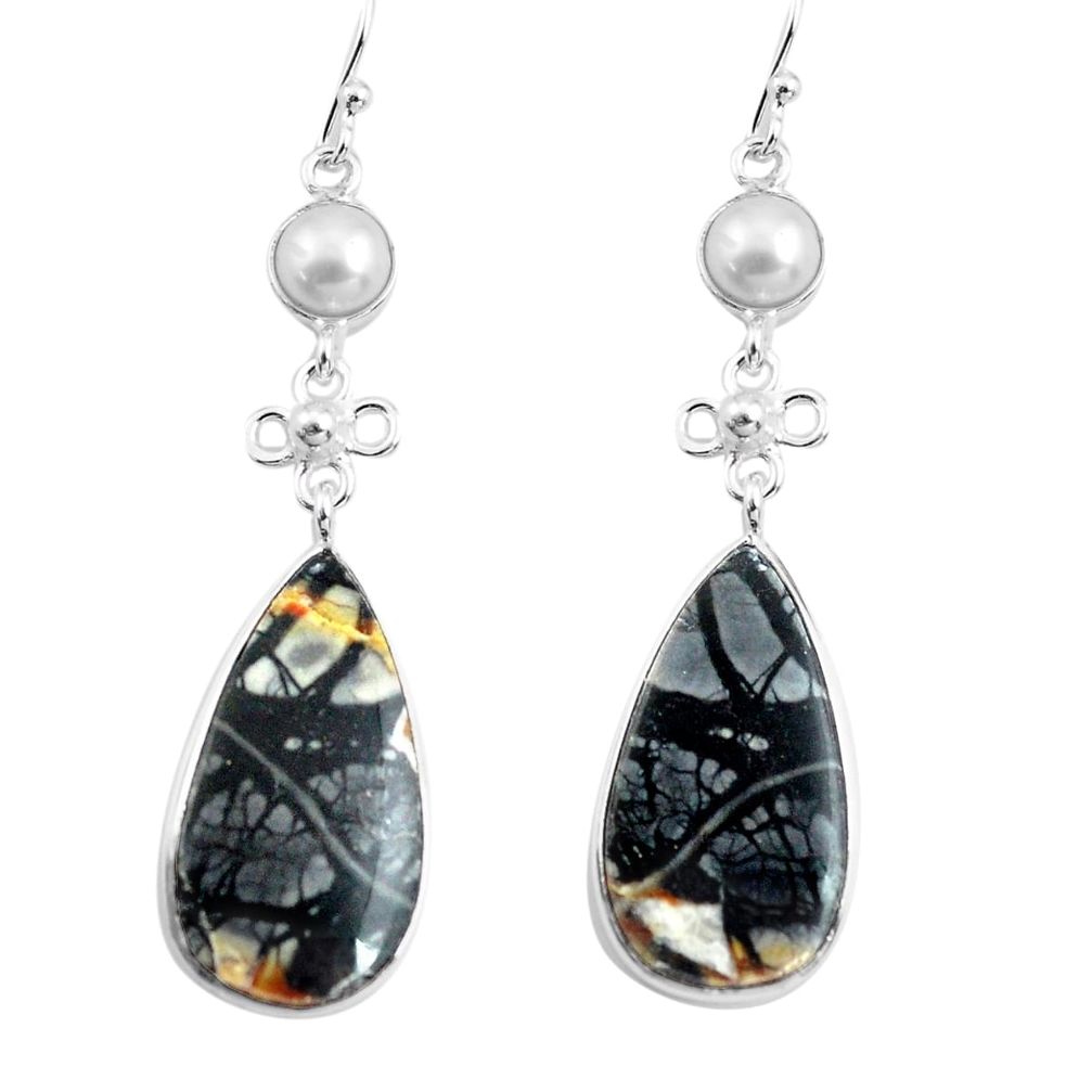 21.44cts natural black picasso jasper pearl 925 silver dangle earrings p78715