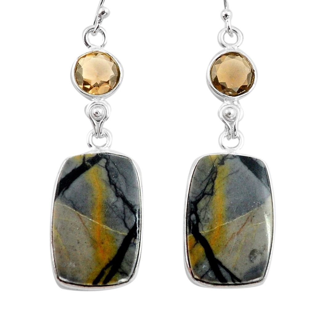 22.78cts natural black picasso jasper smoky topaz 925 silver earrings p78667