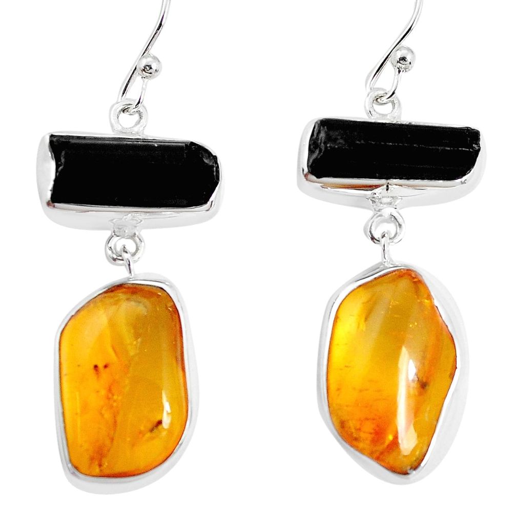 Natural black tourmaline rough amber from colombia 925 silver earrings p33319