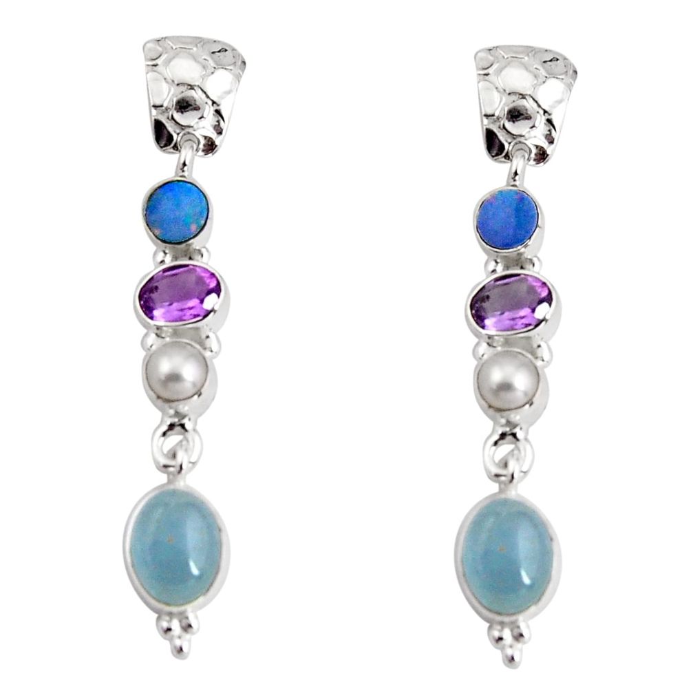 15.85cts natural blue aquamarine pearl amethsyt silver dangle earrings d32289