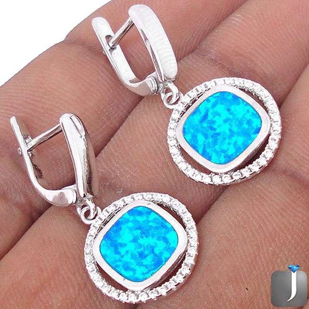 NATURAL BLUE AUSTRALIAN OPAL TOPAZ 925 STERLING SILVER DANGLE EARRINGS G73371