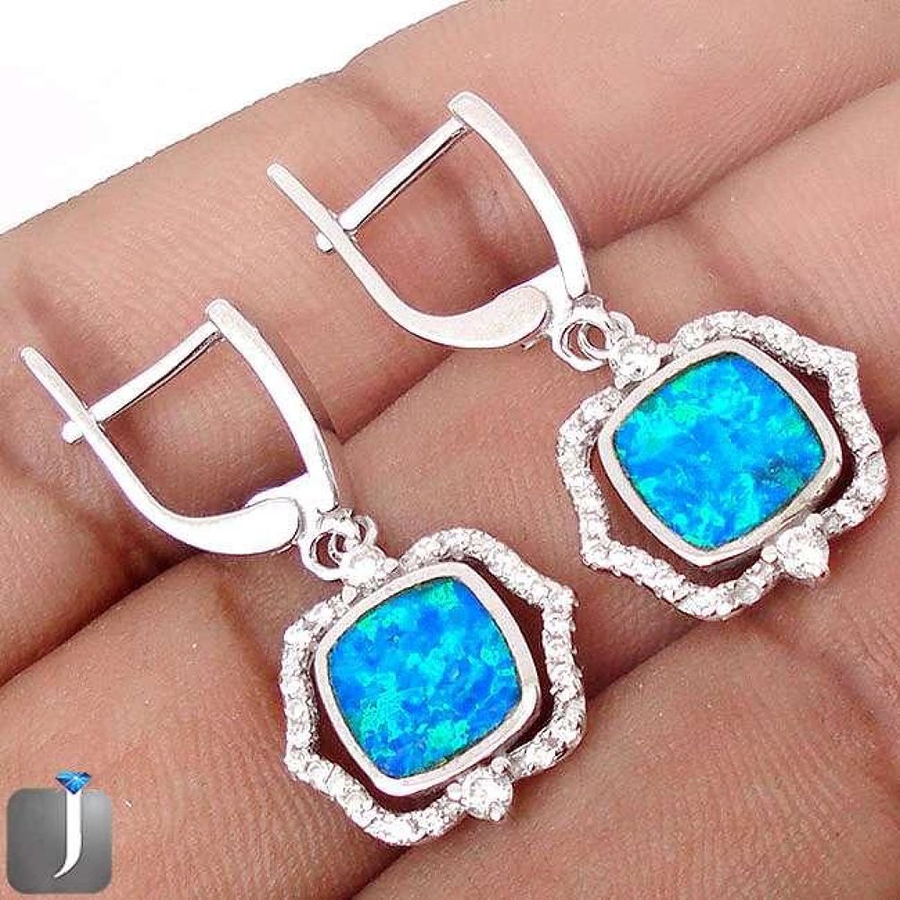 NATURAL BLUE AUSTRALIAN OPAL TOPAZ 925 STERLING SILVER DANGLE EARRINGS G73572