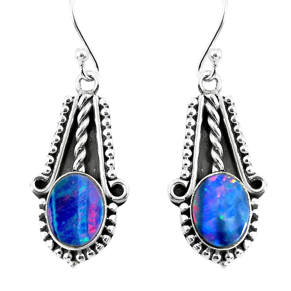 6.10cts natural blue doublet opal australian 925 silver dangle earrings p52817