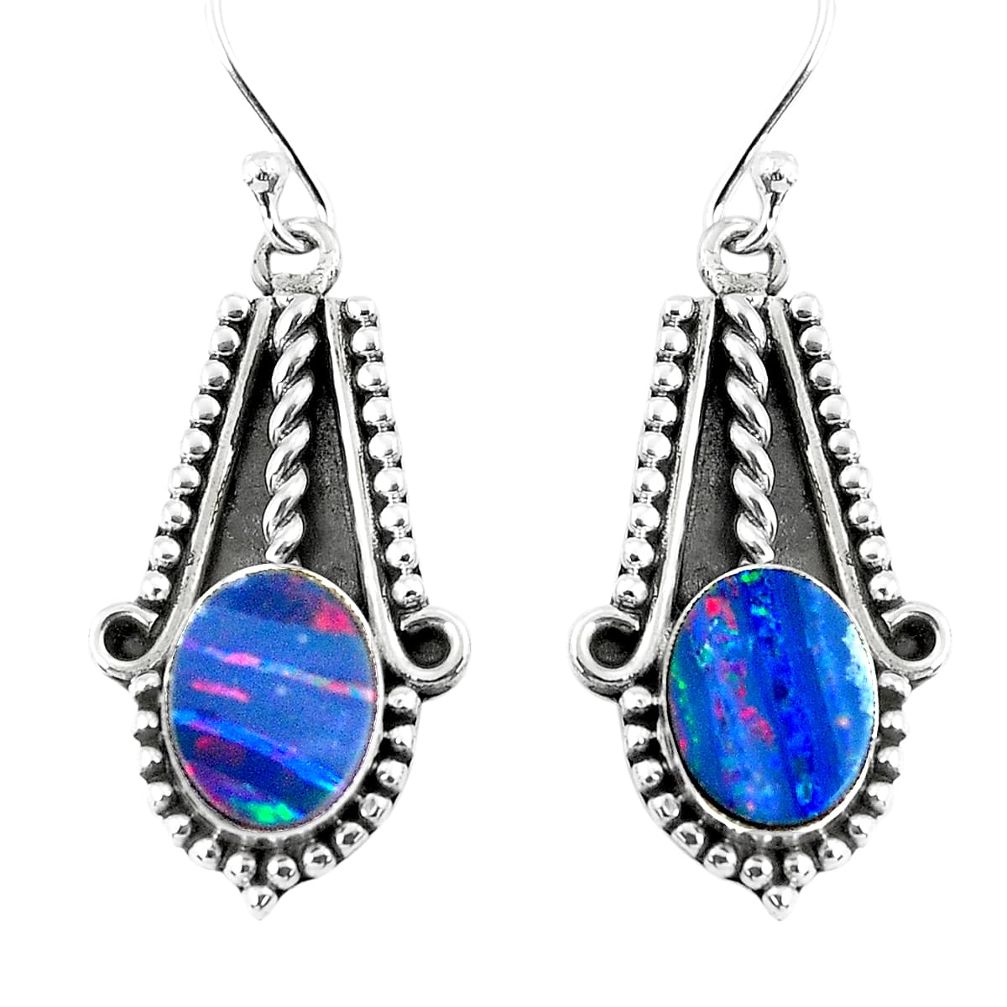 6.36cts natural blue doublet opal australian 925 silver dangle earrings p52818