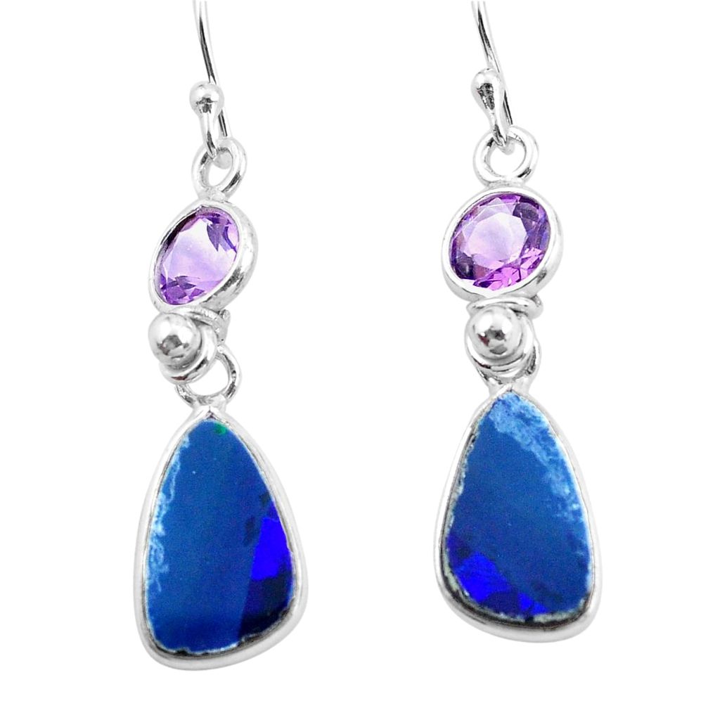 6.92cts natural blue doublet opal australian 925 silver dangle earrings p62971