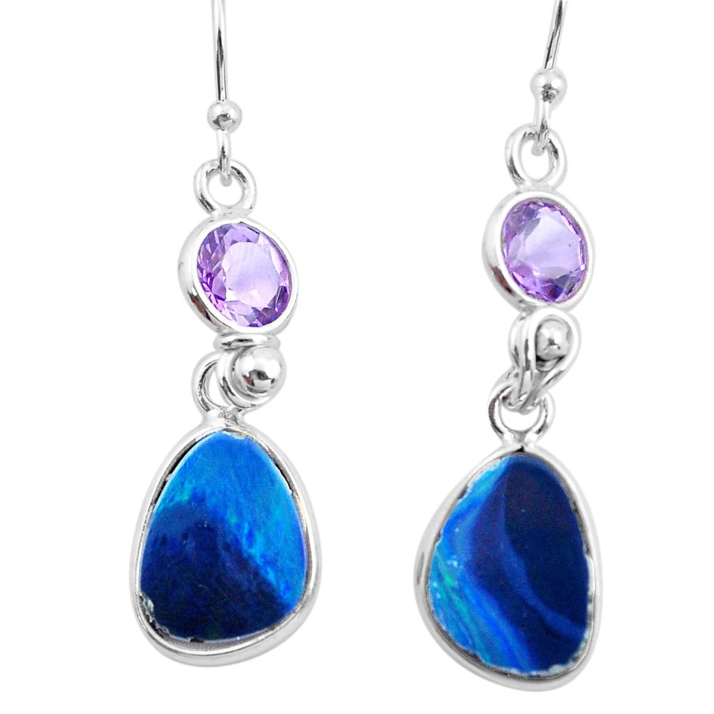 8.01cts natural blue doublet opal australian 925 silver dangle earrings p62972