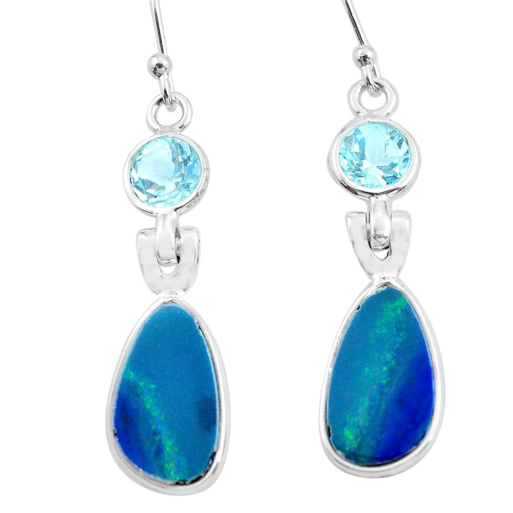9.74cts natural blue doublet opal australian 925 silver dangle earrings p62993
