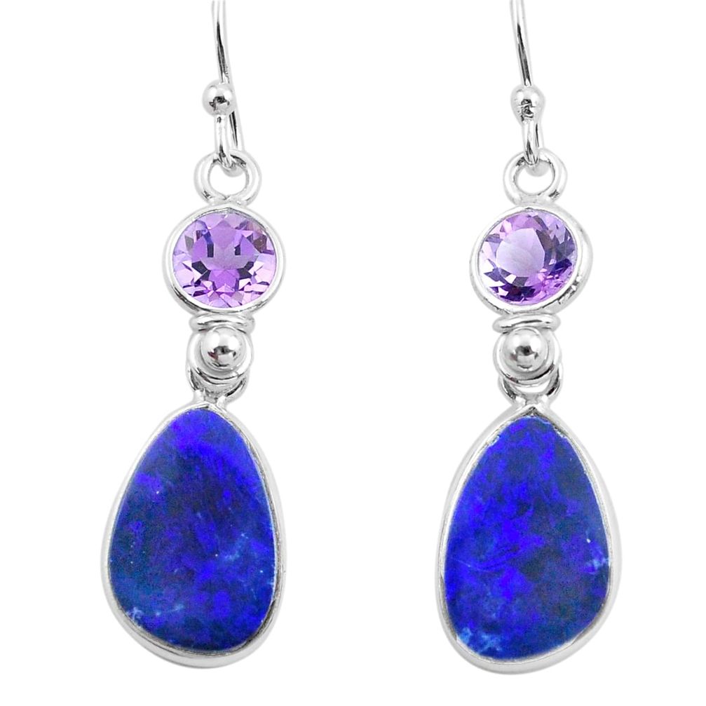 9.13cts natural blue doublet opal australian 925 silver dangle earrings p63000