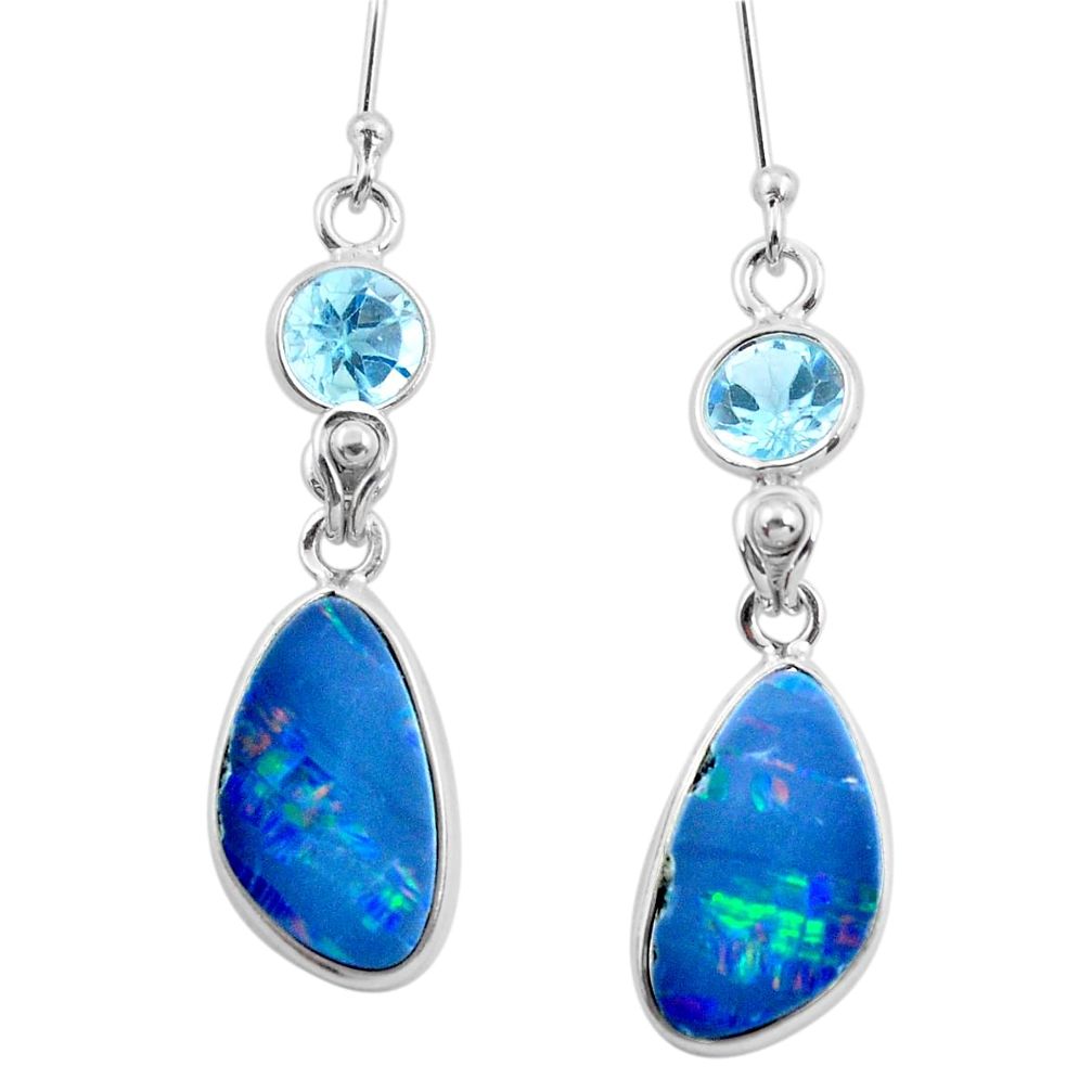 9.74cts natural blue doublet opal australian 925 silver dangle earrings p63001
