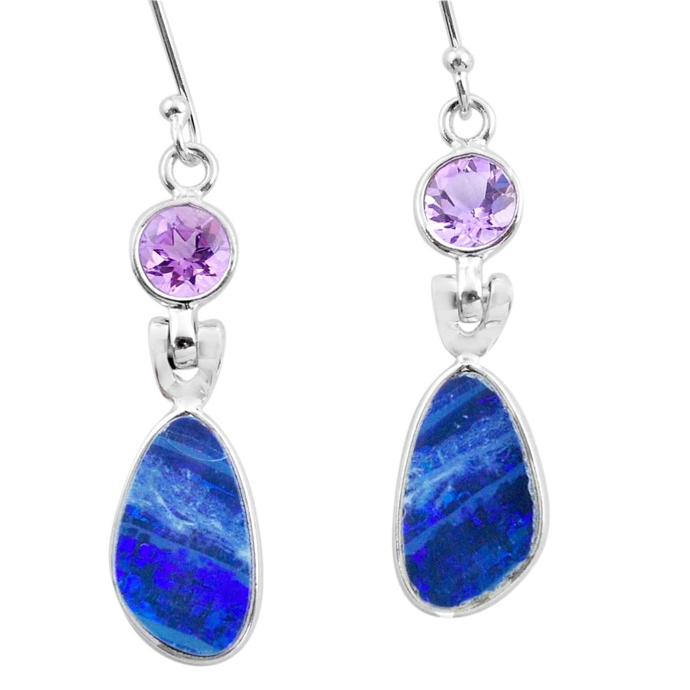 10.84cts natural blue doublet opal australian 925 silver dangle earrings p63009