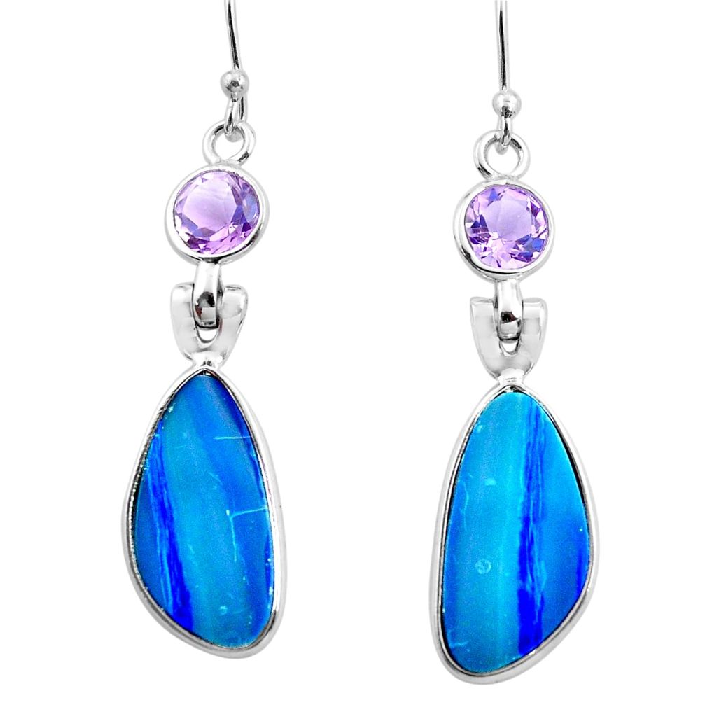 10.89cts natural blue doublet opal australian 925 silver dangle earrings p63016