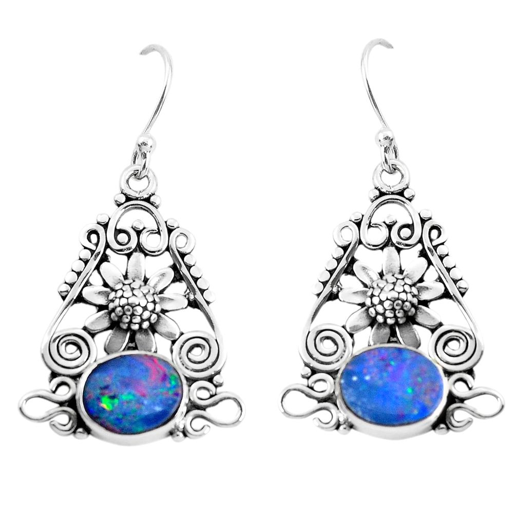 5.83cts natural blue doublet opal australian 925 silver flower earrings p52037
