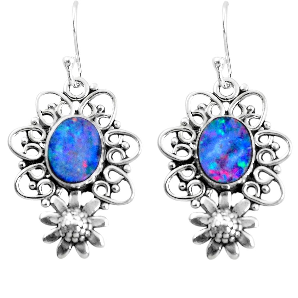 5.12cts natural blue doublet opal australian 925 silver flower earrings p52040