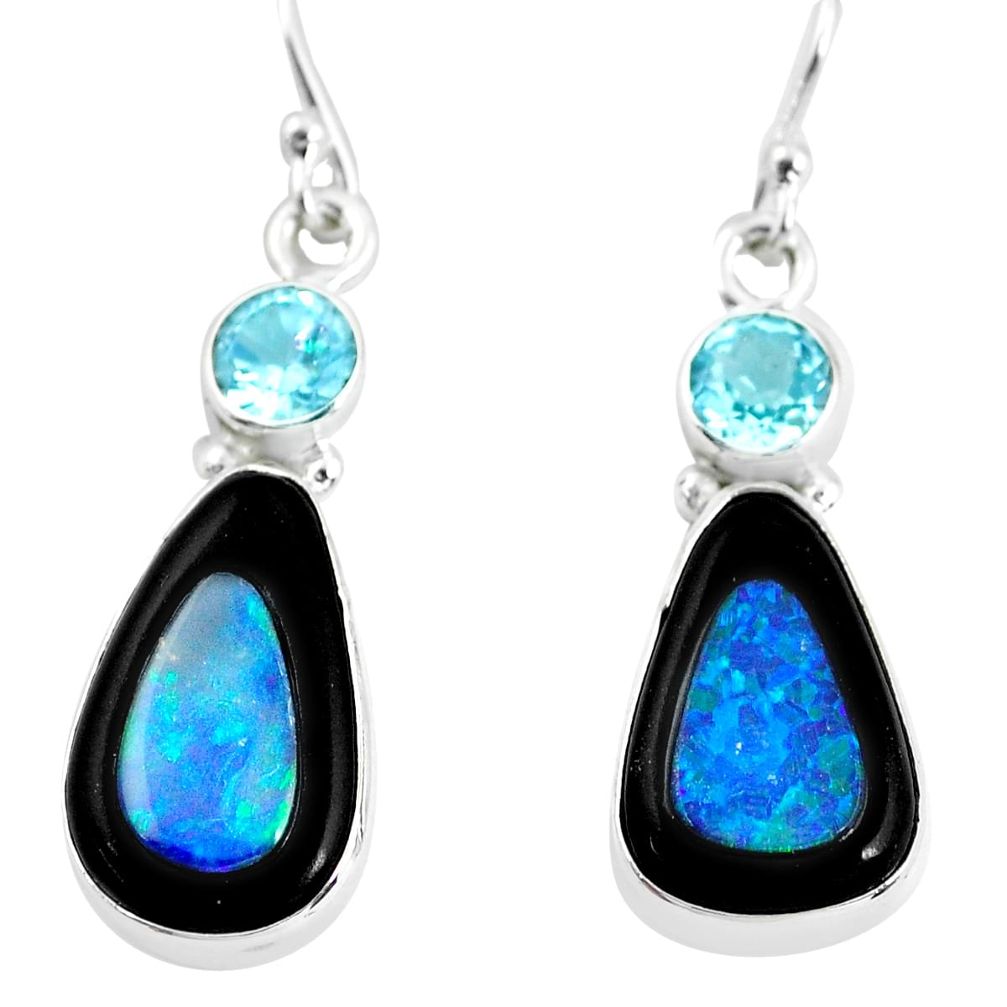 11.66cts natural blue doublet opal in onyx 925 silver dangle earrings p64605