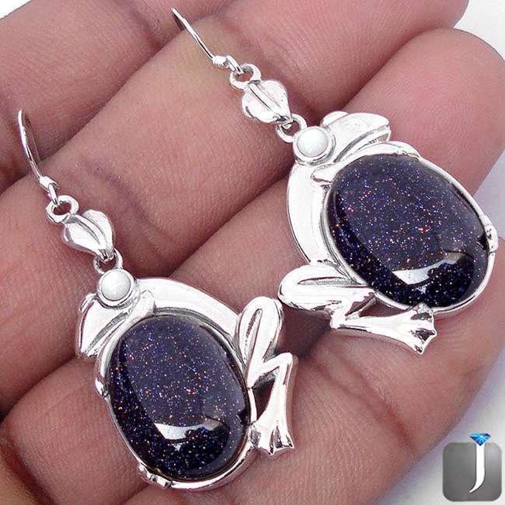 NATURAL BLUE GOLDSTONE PEARL 925 STERLING SILVER FROG DANGLE EARRINGS G78350