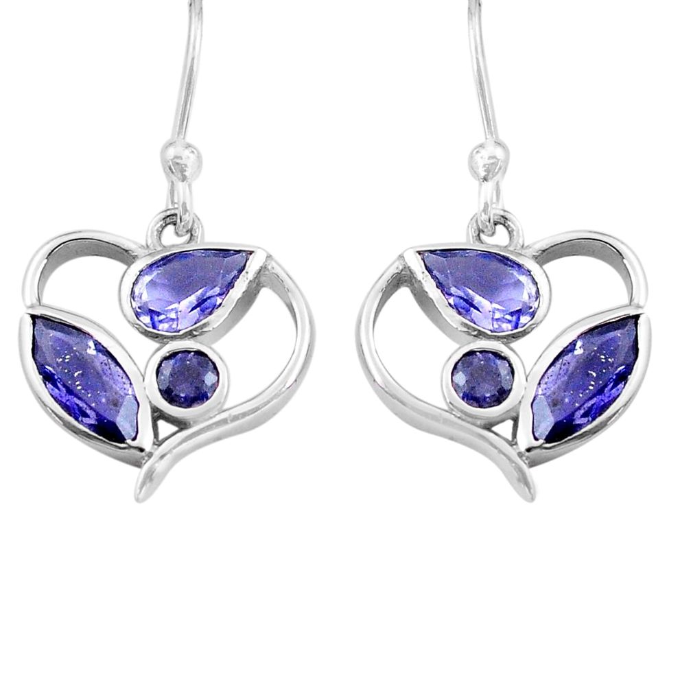 6.19cts natural blue iolite 925 sterling silver dangle heart earrings p82257