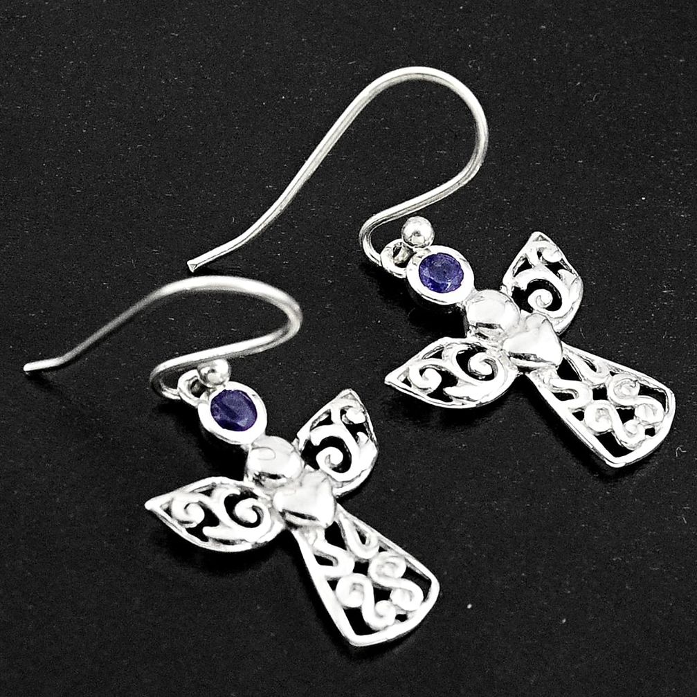 0.74cts natural blue iolite 925 sterling silver dangle owl earrings p84225