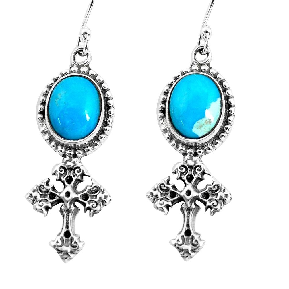 7.97cts natural blue kingman turquoise 925 silver holy cross earrings p54997