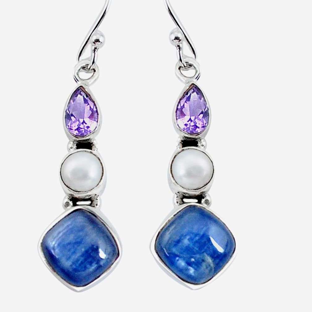 11.13cts natural blue kyanite amethyst pearl 925 silver dangle earrings p57512