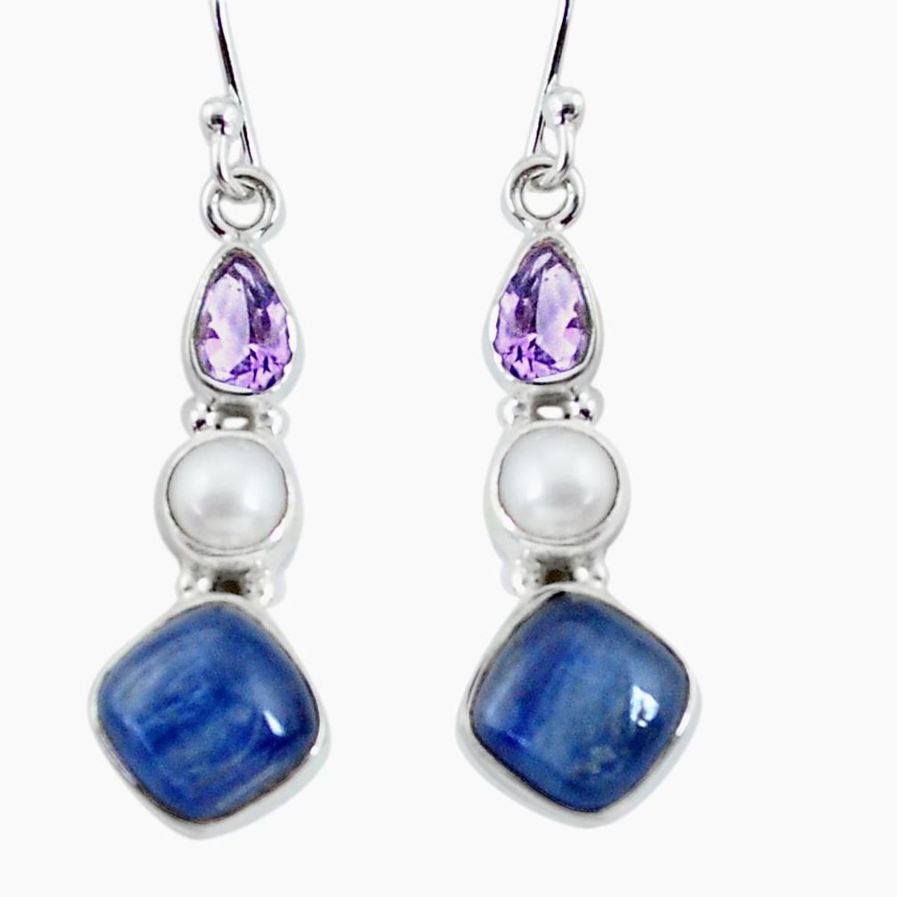 11.04cts natural blue kyanite amethyst pearl 925 silver dangle earrings p57518
