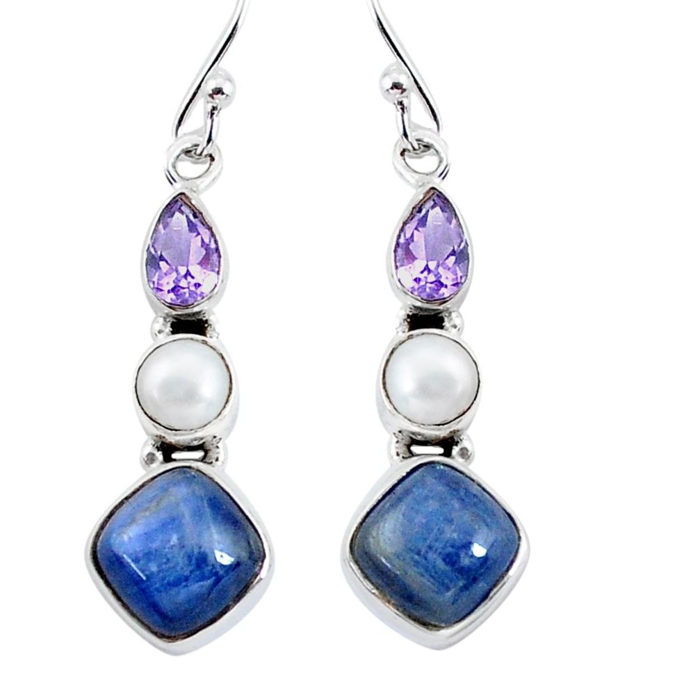 11.57cts natural blue kyanite amethyst pearl 925 silver dangle earrings p57520