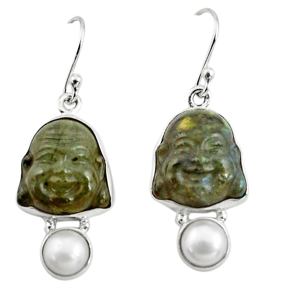 16.20cts natural blue labradorite pearl 925 silver buddha charm earrings p78129