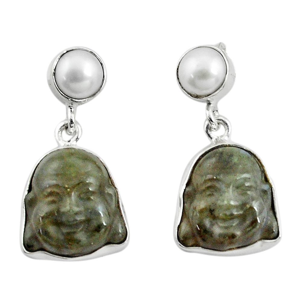 17.22cts natural blue labradorite pearl 925 silver buddha charm earrings p78136