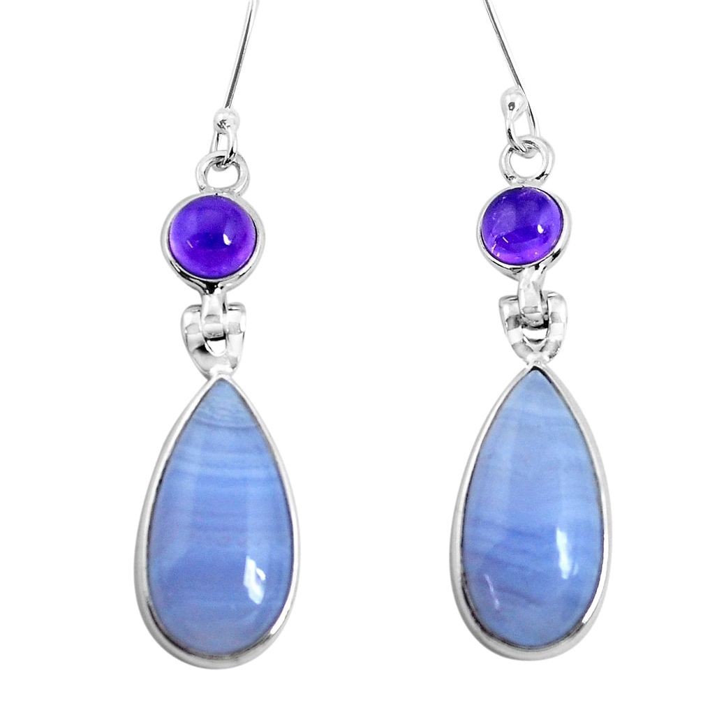 16.04cts natural blue lace agate amethyst 925 silver dangle earrings p47884