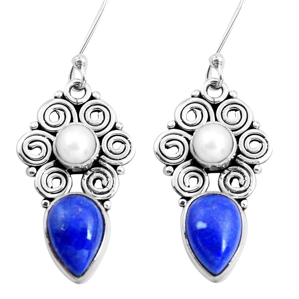 8.83cts natural blue lapis lazuli white pearl 925 silver dangle earrings p41290