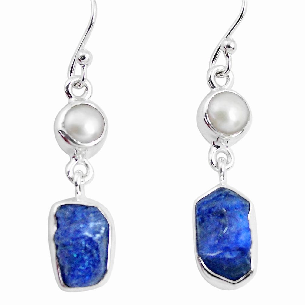 10.78cts natural blue sapphire rough pearl 925 silver dangle earrings p51821