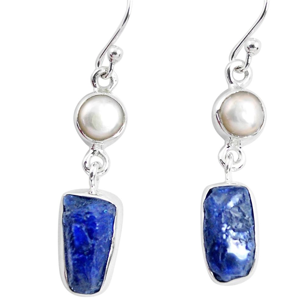 12.07cts natural blue sapphire rough pearl 925 silver dangle earrings p51823