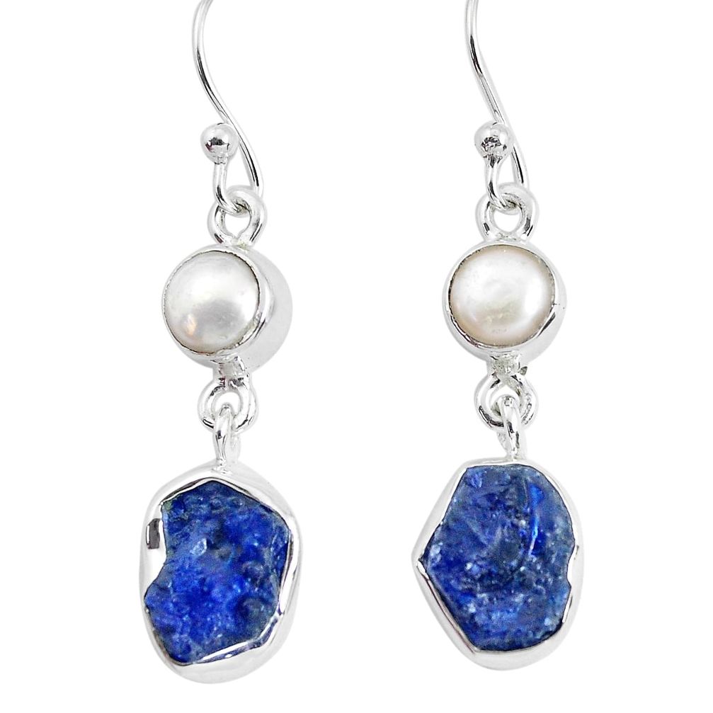 10.02cts natural blue sapphire rough pearl 925 silver dangle earrings p51829