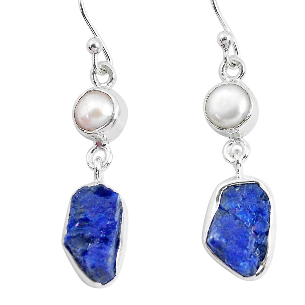 11.23cts natural blue sapphire rough pearl 925 silver dangle earrings p51830