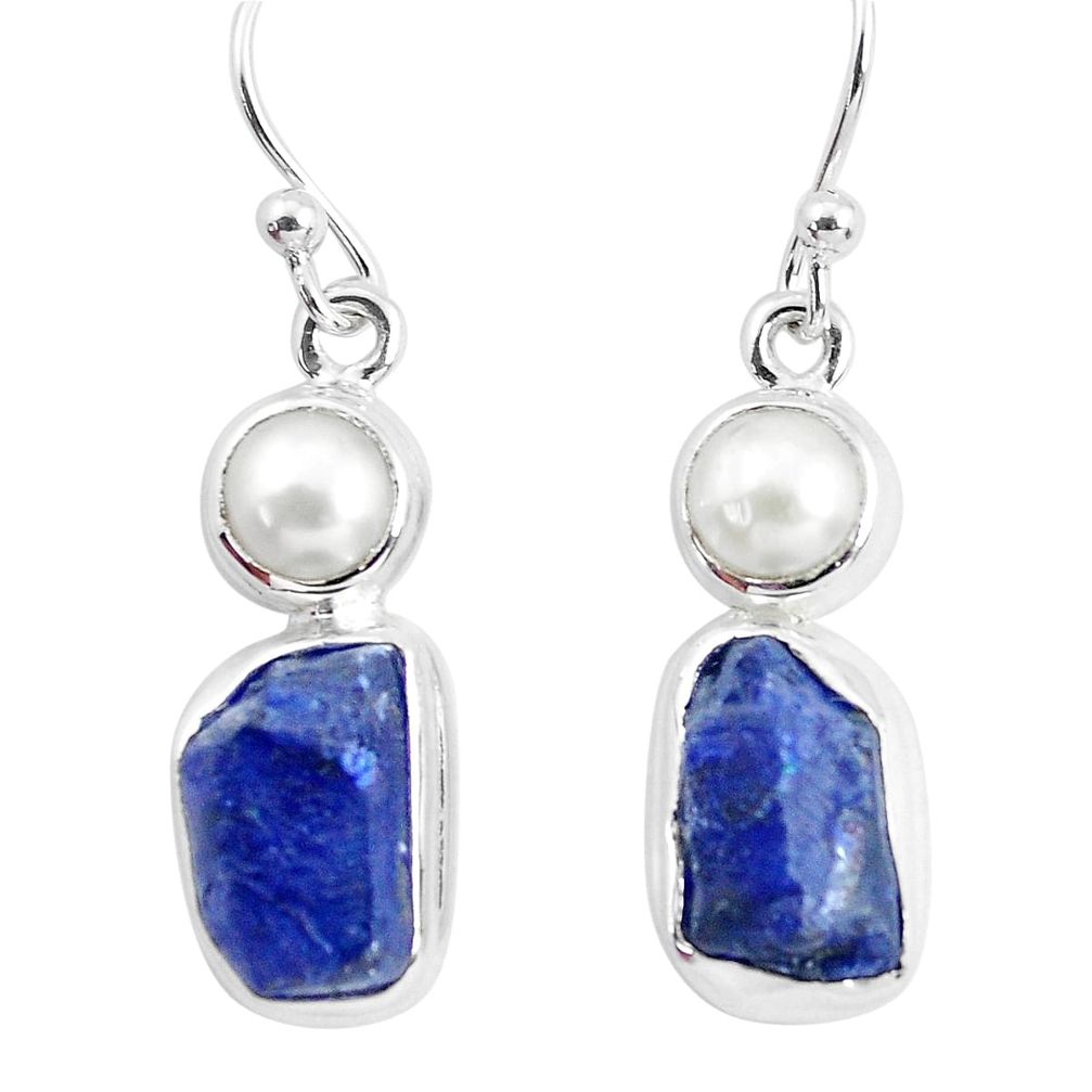 14.12cts natural blue sapphire rough pearl 925 silver dangle earrings p51831