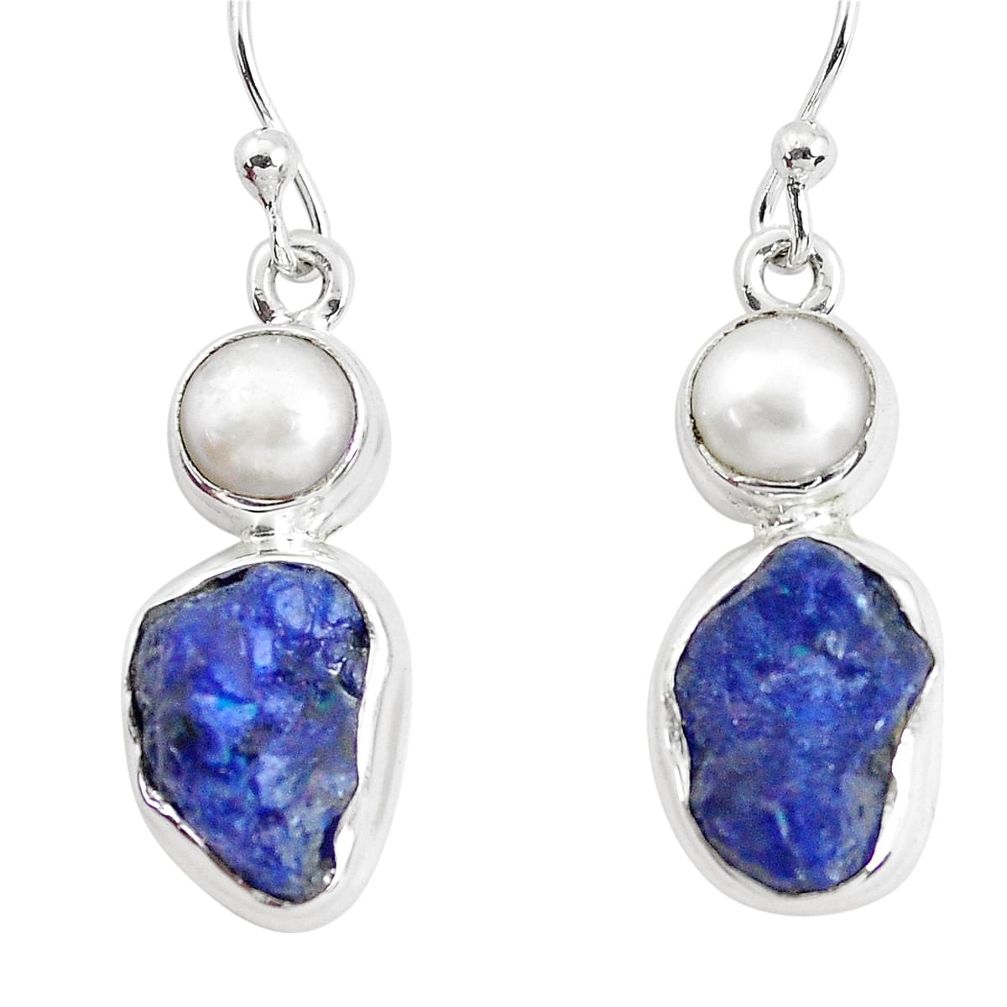 12.85cts natural blue sapphire rough pearl 925 silver dangle earrings p51834