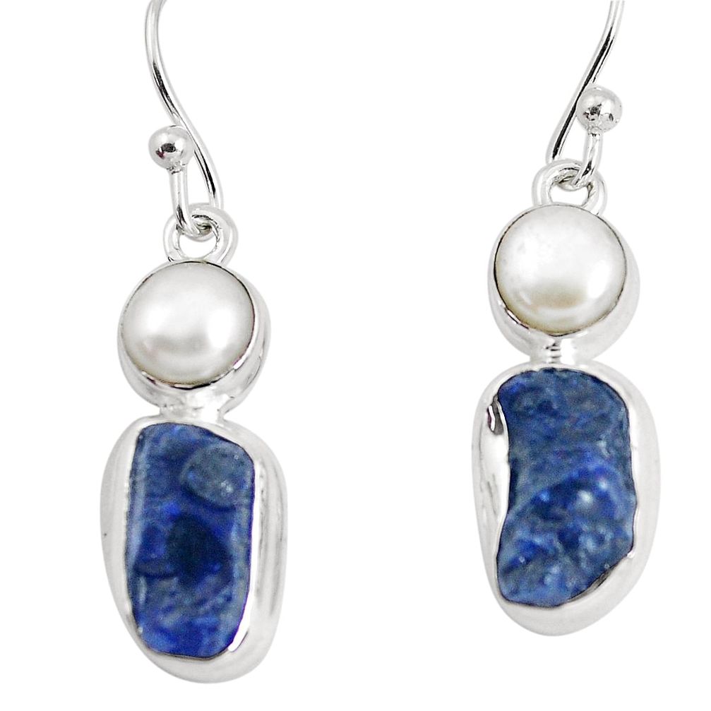 13.28cts natural blue sapphire rough pearl 925 silver dangle earrings p51837