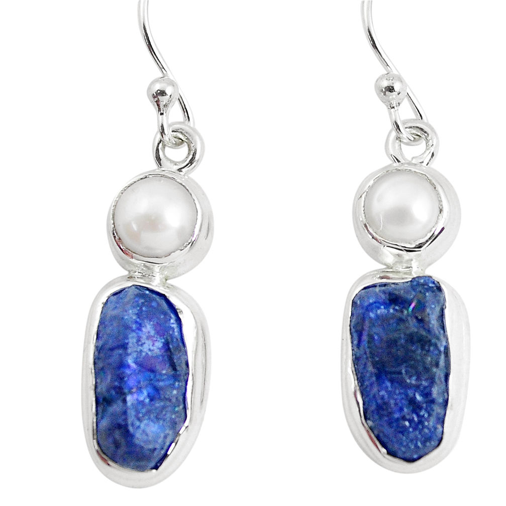 14.12cts natural blue sapphire rough pearl 925 silver dangle earrings p51840