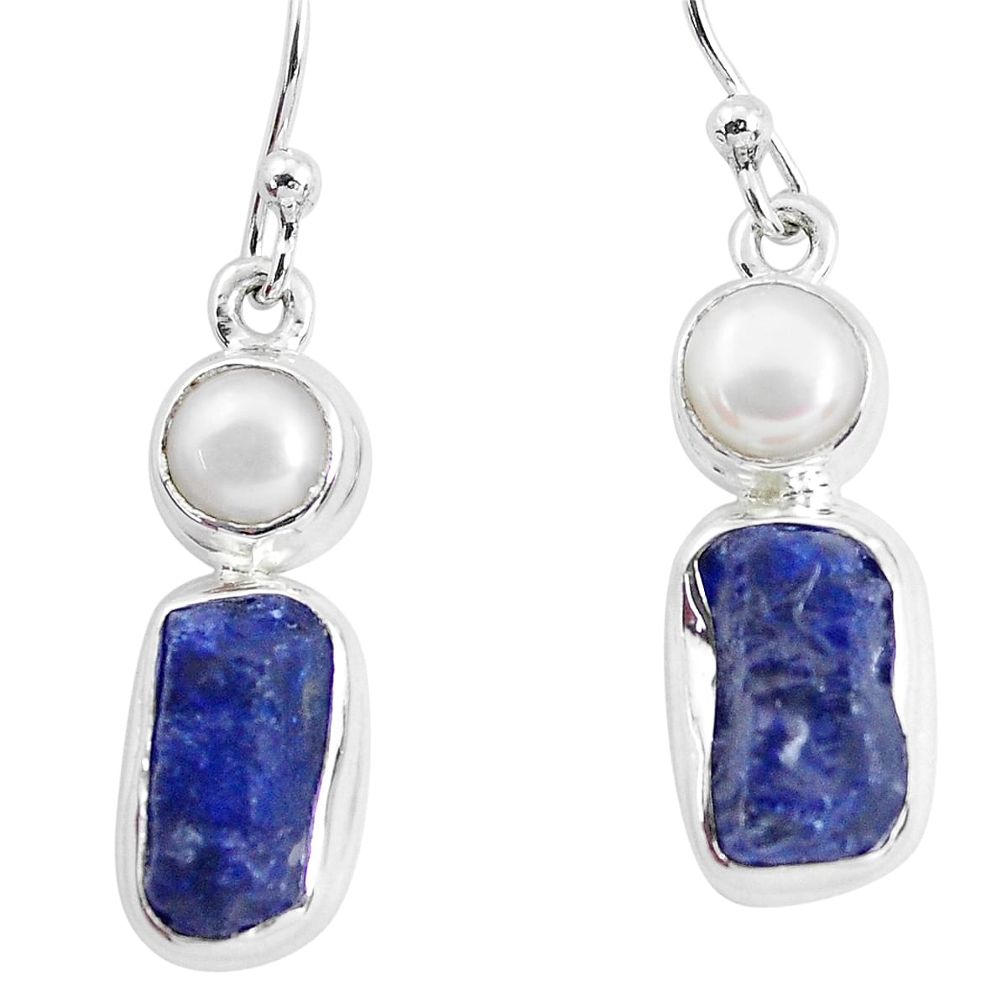 13.71cts natural blue sapphire rough pearl 925 silver dangle earrings p51846