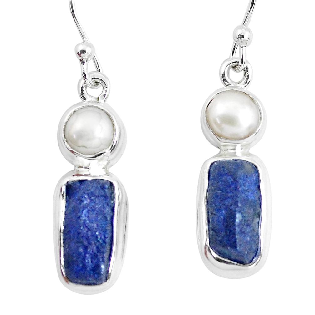 14.12cts natural blue sapphire rough pearl 925 silver dangle earrings p51847