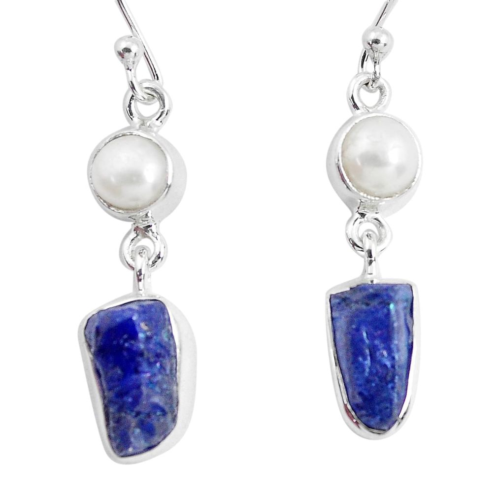 12.07cts natural blue sapphire rough pearl 925 silver dangle earrings p51849